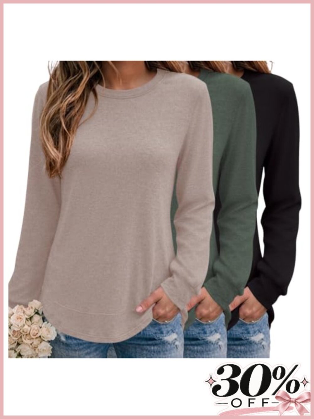 3 Pack Womens Long Sleeve Crew Neck Lightweight Sweatshirts